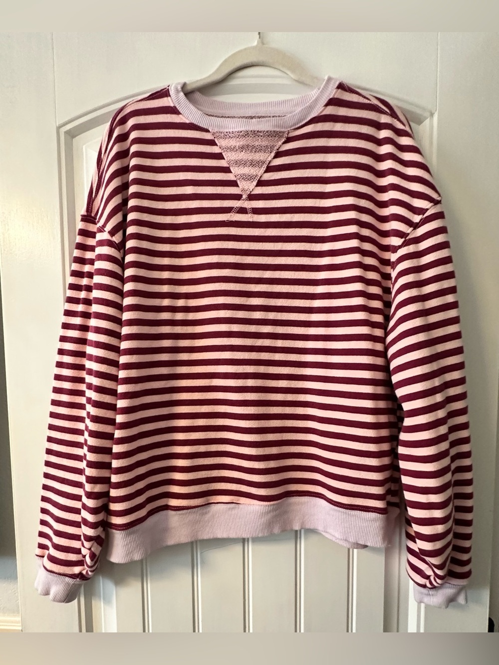 FREE PEOPLE We The Free Striped Crewneck Sweater in Light Pink and Burgundy